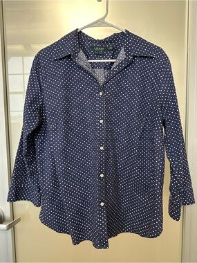 Lauren Ralph Lauren Navy Blue & White Polka Dot 3/4 Sleeve Blouse Shirt 1X